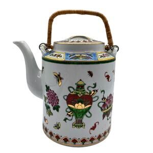 Vintage Chinese White Mun Shou Porcelain Teapot 2 Bamboo Handles